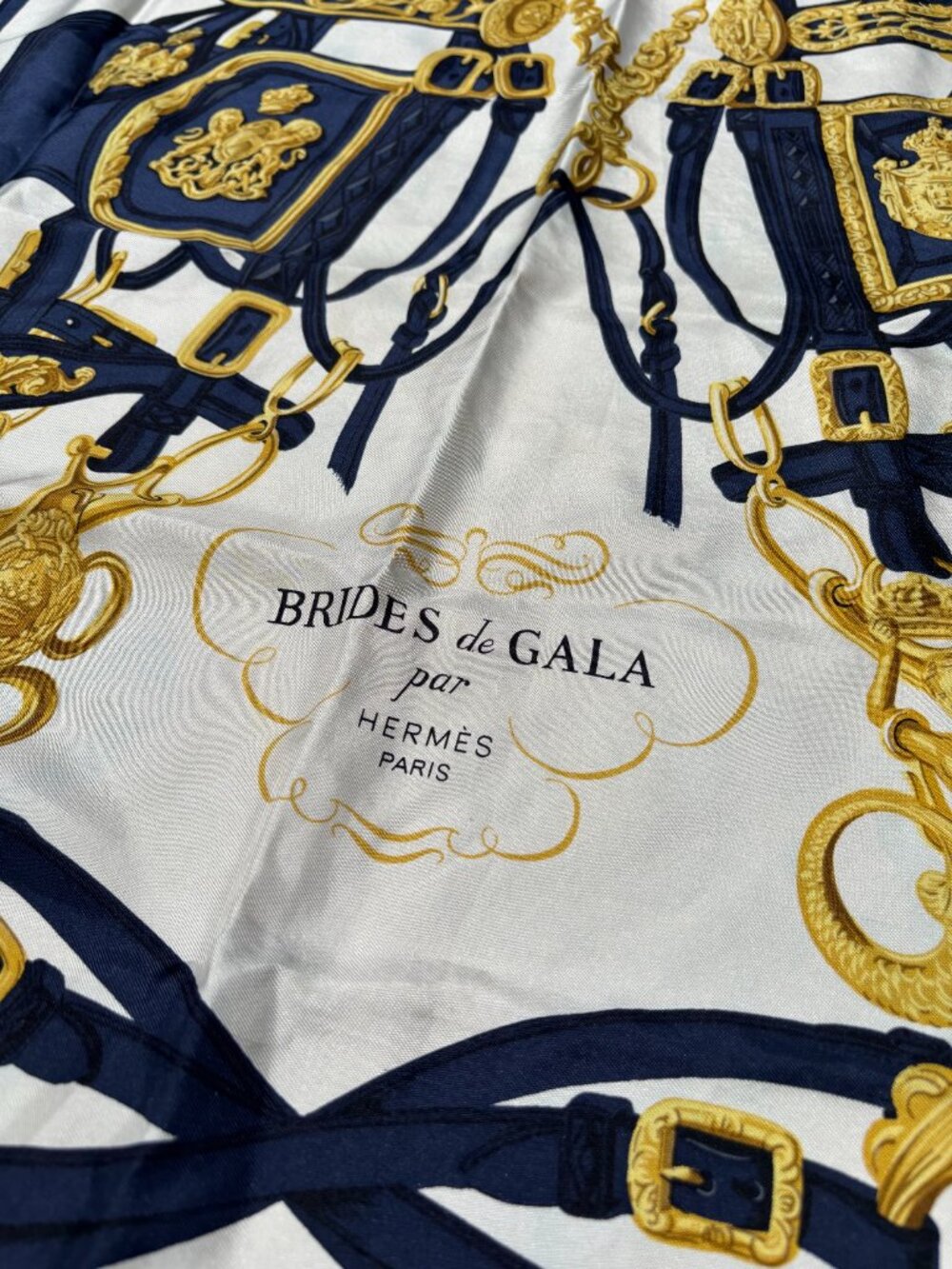 Authentic HERMES Carre 90 Scarf "BRIDES de GALA" Silk Navy Blue White
